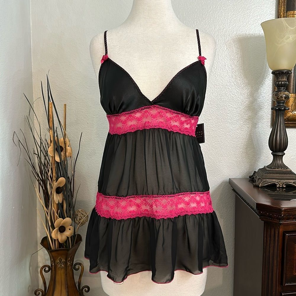 Cinema Etoile Baby Doll Slip and Panty Set‎ Black And Link Size Large